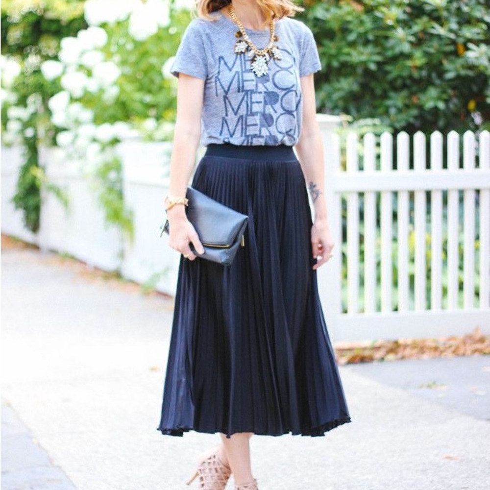 J. Crew Navy Pleated Midi Skirt